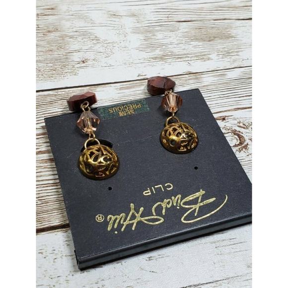 Vintage Birch Hill Clip On Earrings Brown Semi Precious Dangle Earrings - Picture 4 of 5
